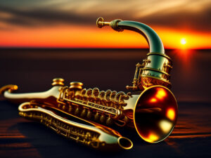 saxophone-is-laying-beach-with-sun-setting-it