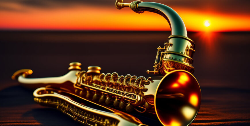 saxophone-is-laying-beach-with-sun-setting-it